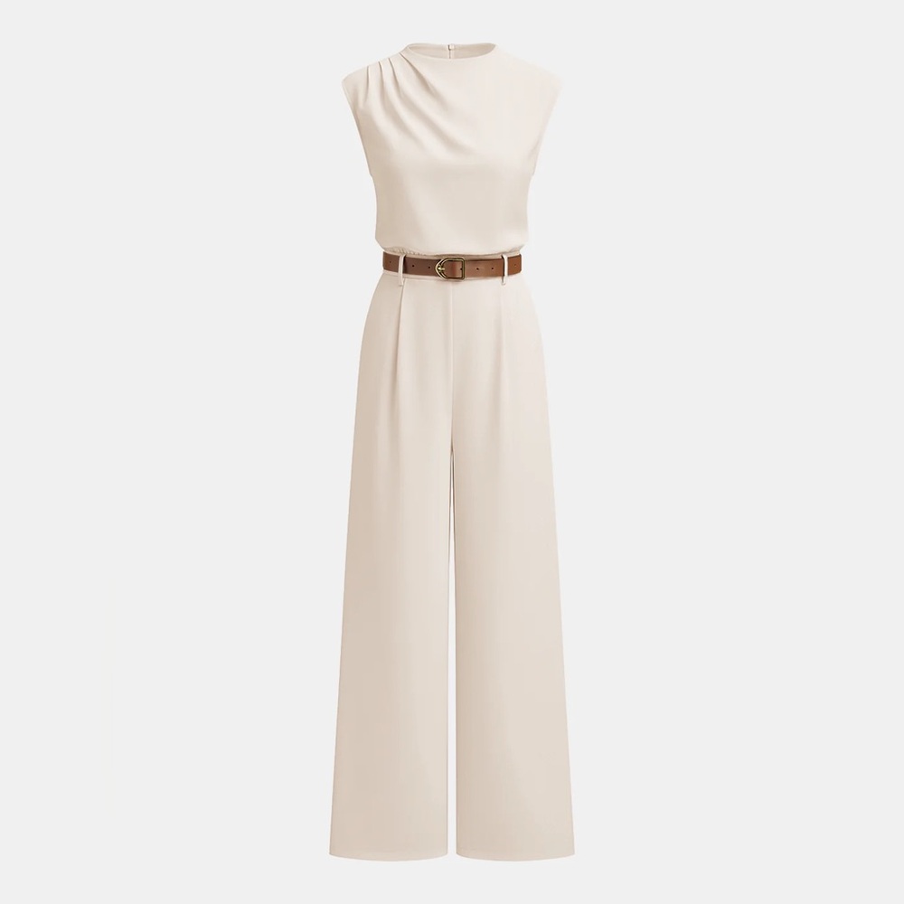 Commense Cream Wide-Leg Jumpsuit with Brown Belt